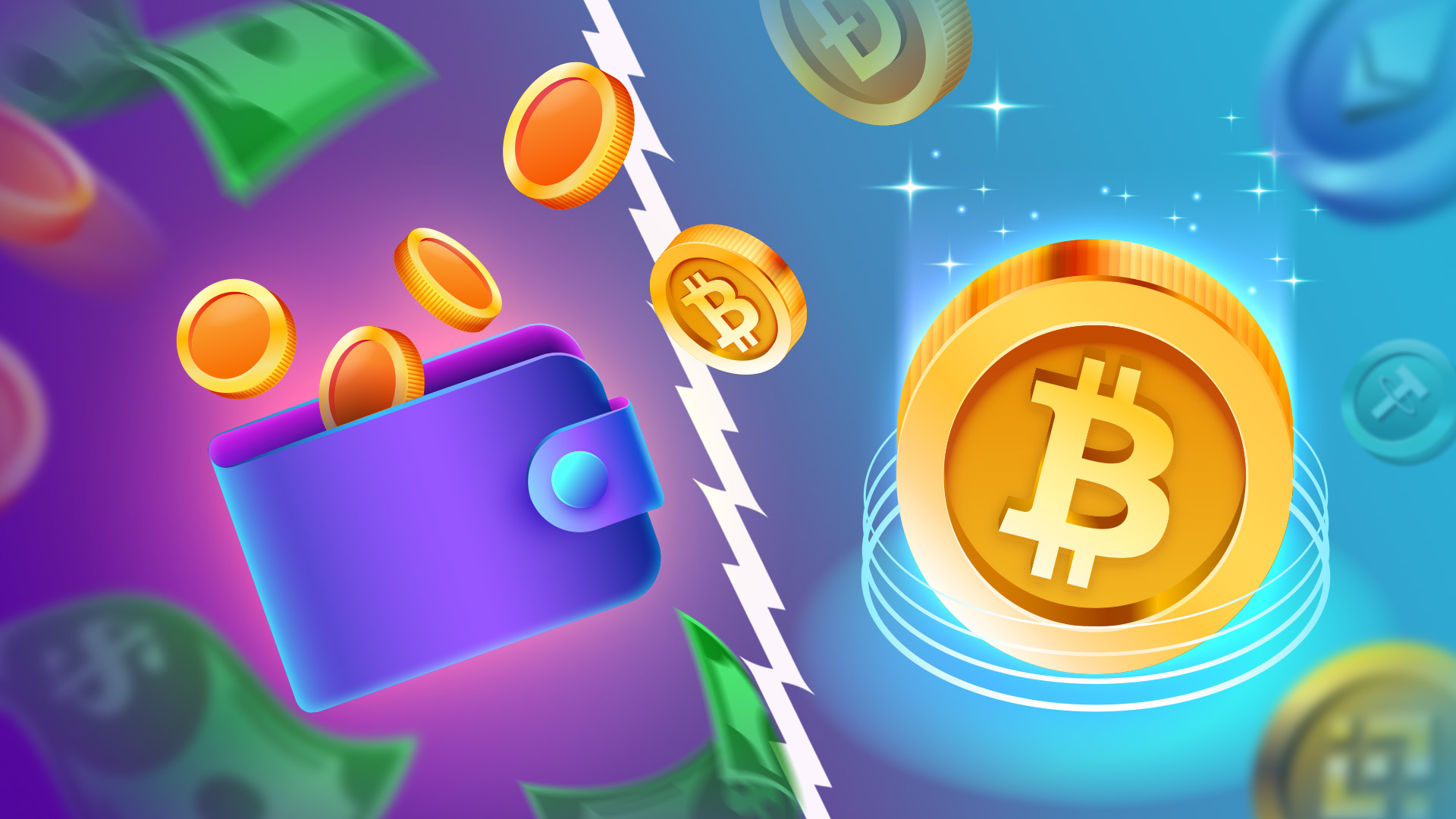 A split view of a wallet holding cash and coins vs a crypto coin with the Bitcoin symbol on it