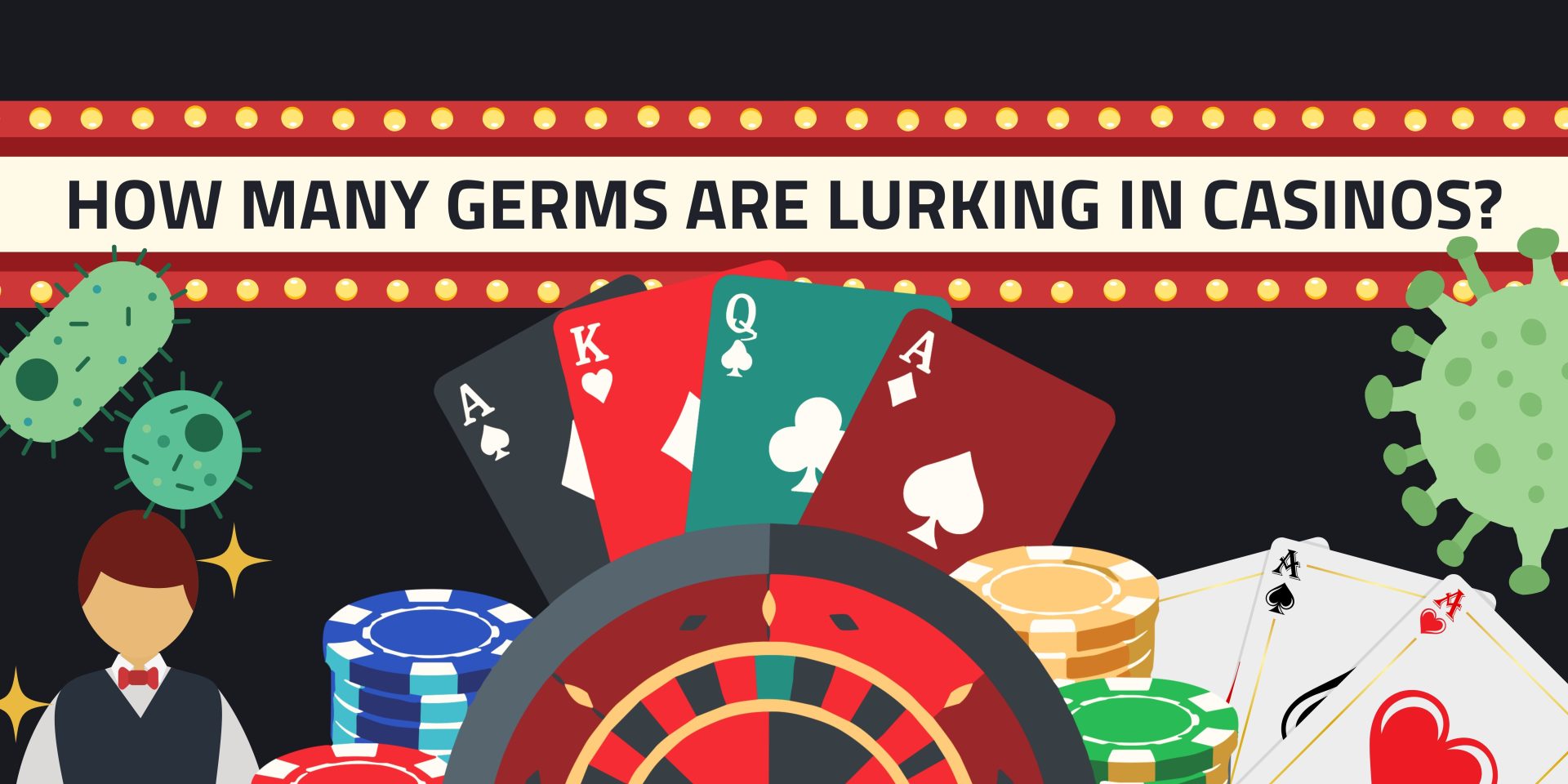 Illustration of a casino dealer with playing cards, chips and a roulette wheel surrounded by cartoon bacteria, headlined 'How Many Germs Are Lurking In Casinos?'
