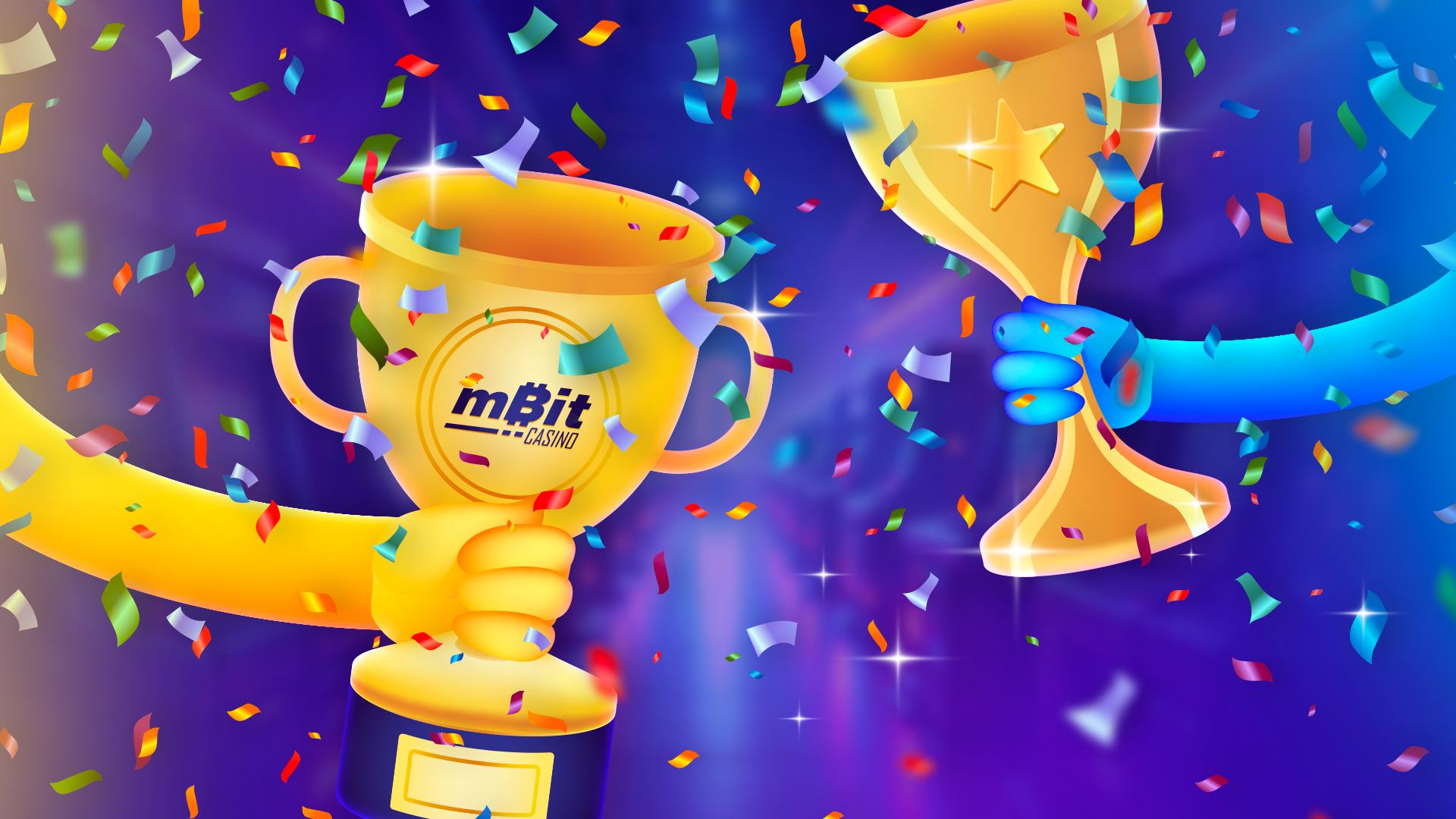 Two golden trophies surrounded by confetti in a celebratory setting.