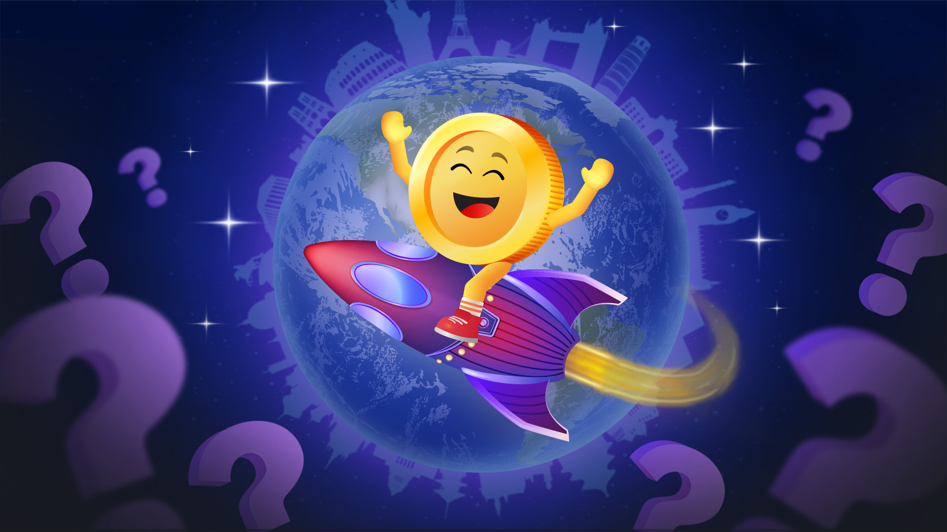 A coin mascot riding happily on a rocket in space around the world