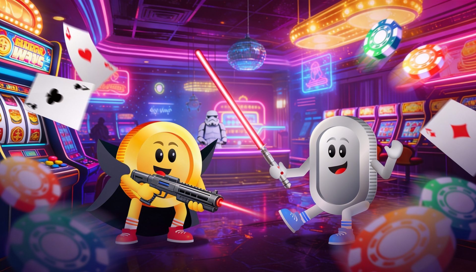 two coin mascots having a fun star wars inspired lightsaber play in a casino background