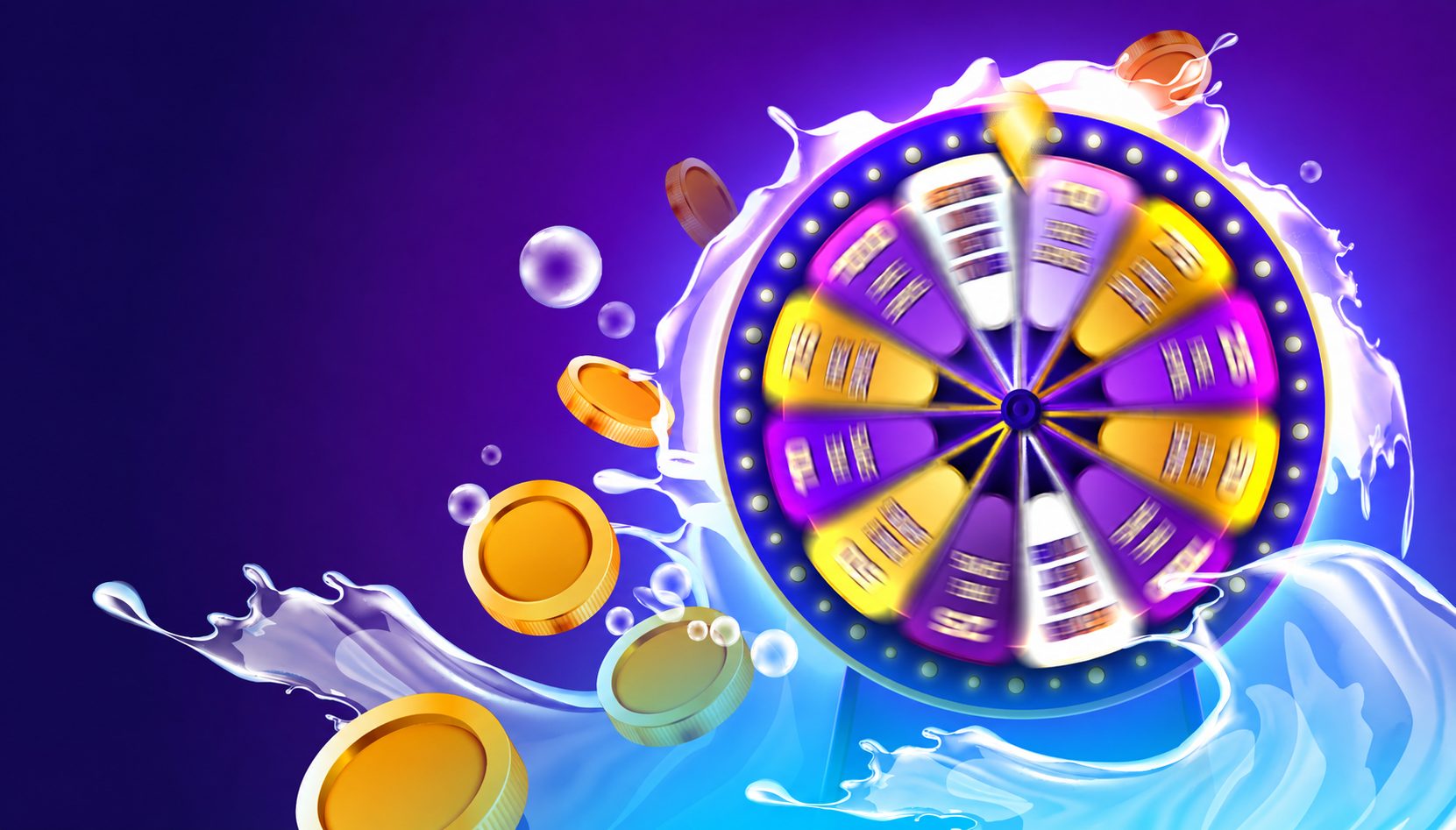 A spin the wheel visual surrounded by summer waves and floating coins.
